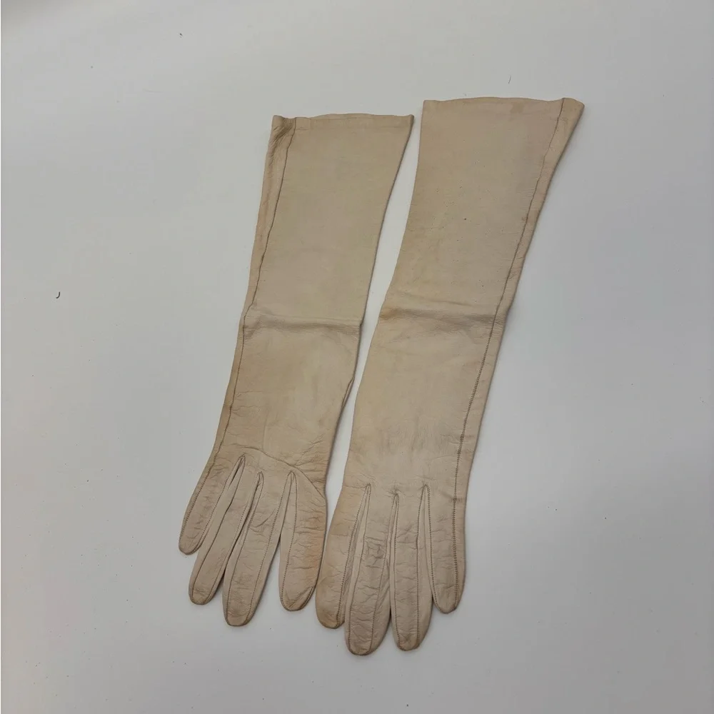 Vintage CHRISTIAN DIOR Long Gloves – Size 6½ – Beige Leather – 13.5” Length